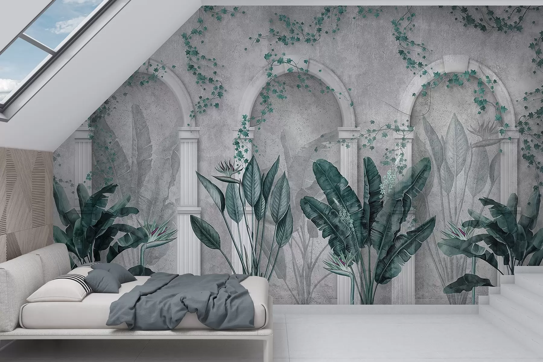 wall murals Бетонски зид са луковима и тропским биљкама, цветним, плавим бојама w04065v2