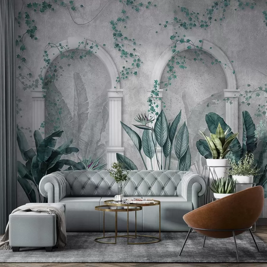 wall murals Бетонски зид са луковима и тропским биљкама, цветним, плавим бојама w04065v2