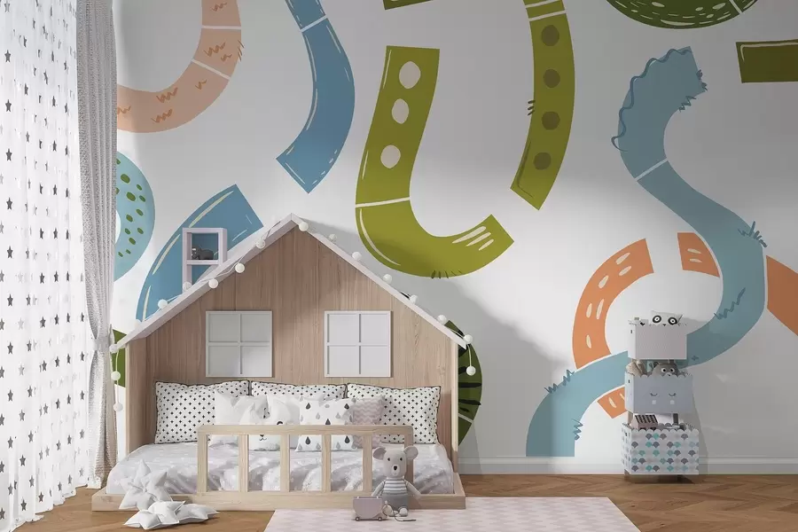 wall murals Апстрактни цртежи, малолетнички, цртежи, зелени, плави, ружичасти w04066v2