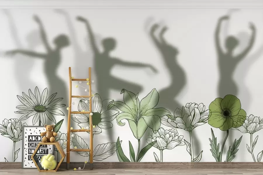 wall murals Силуете балерина, рустично цвеће, линијске цртеже, зелене боје w04069v1