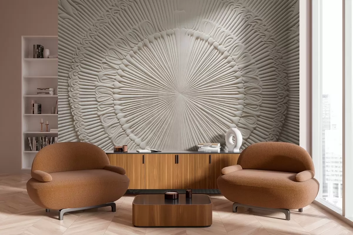 wall murals Апстрактни текстурирани кружни отисак са радијалним линијама и декоративним елементима, симетрични дизајн, рељефна текстура w09154