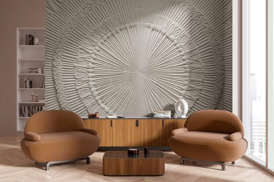 wall murals Апстрактни текстурирани кружни отисак са радијалним линијама и декоративним елементима, симетрични дизајн, рељефна текстура w09154