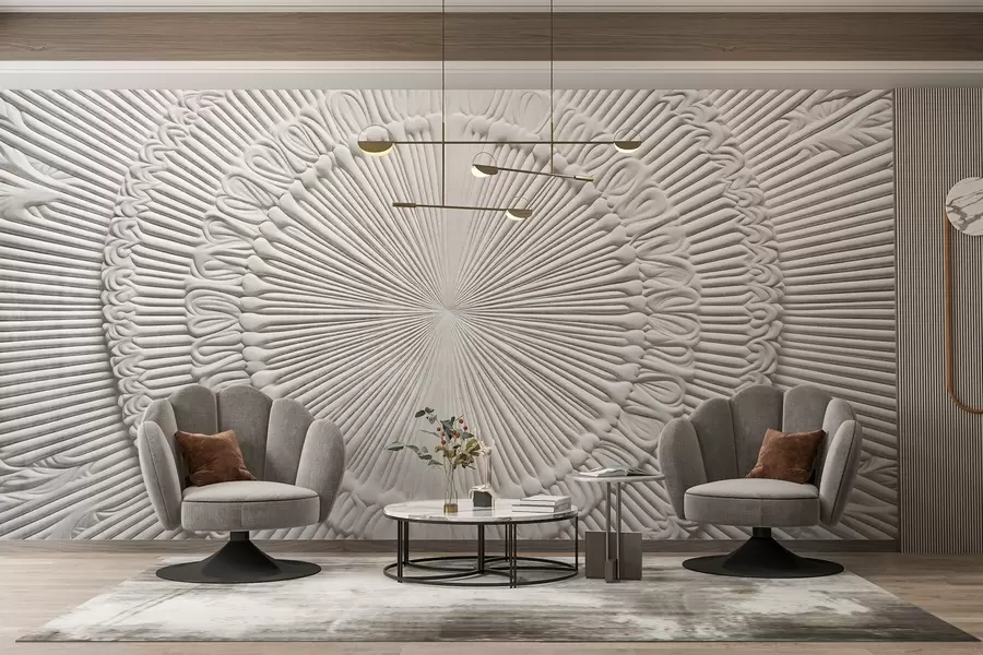 wall murals Апстрактни текстурирани кружни отисак са радијалним линијама и декоративним елементима, симетрични дизајн, рељефна текстура w09154
