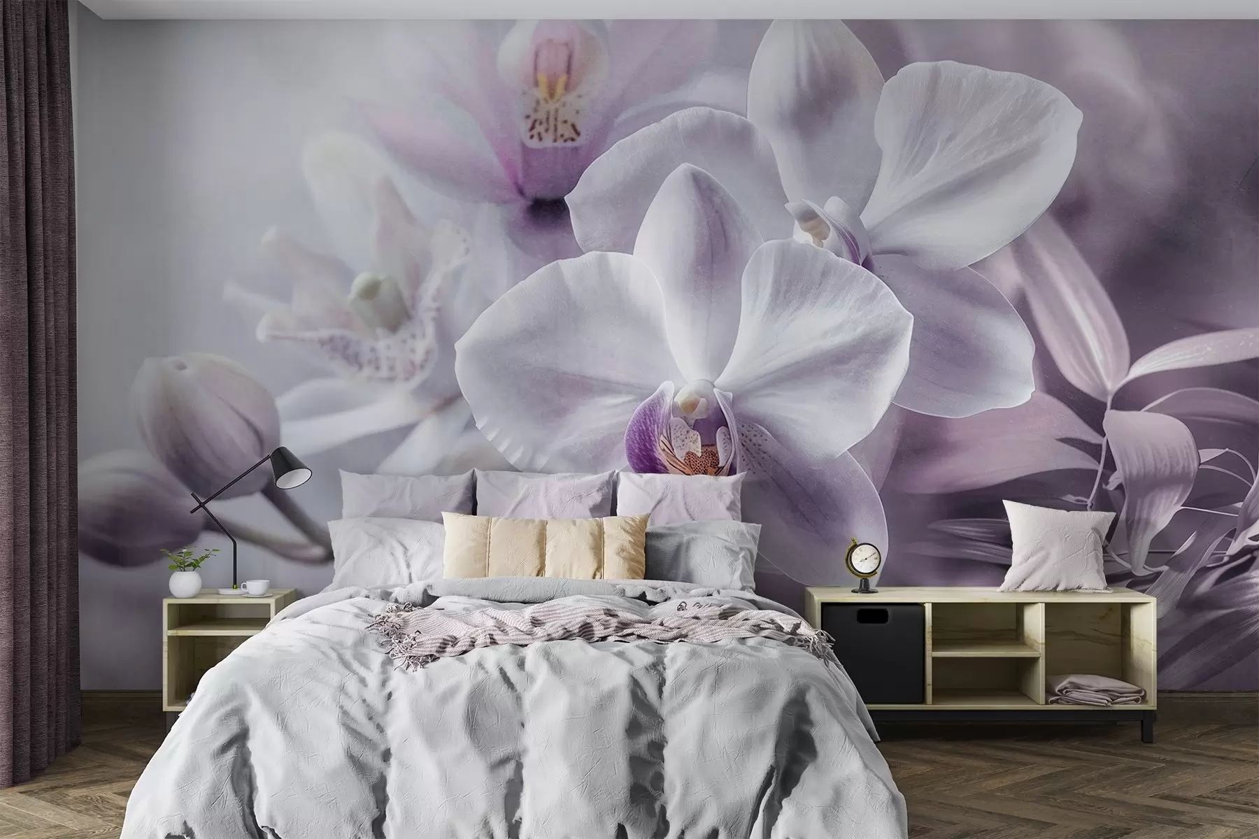 wall murals Бели и јорговани нежни цветови орхидеје, меко осветљење и замућена текстурирана позадина w09155