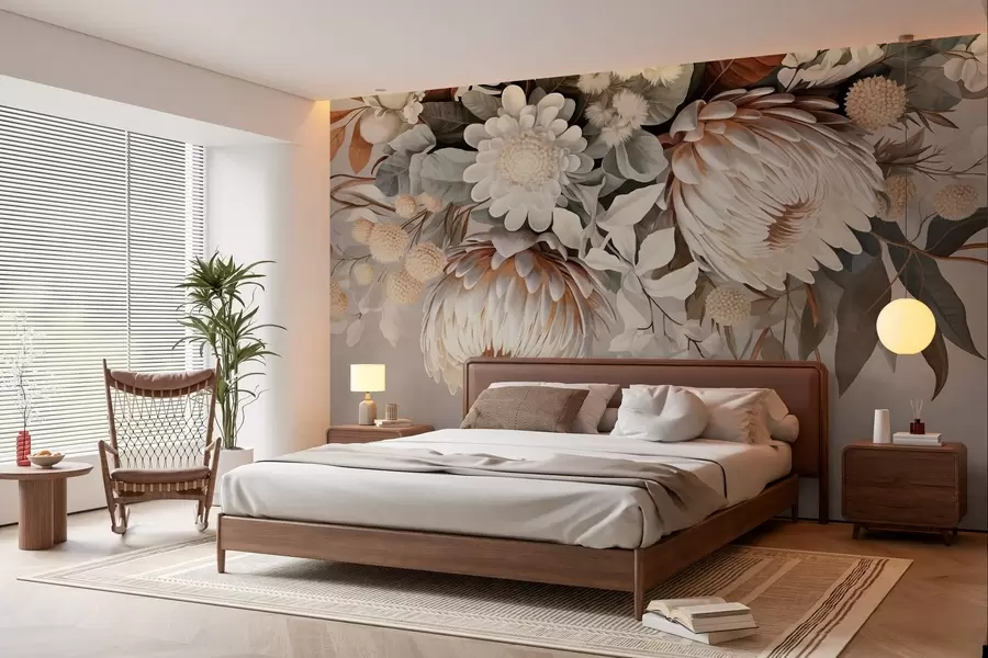 wall murals Велика текстурирана протеа са смеђим акцентима, белим тратинчицама и жутим цветовима, беж пригушена позадина w09157