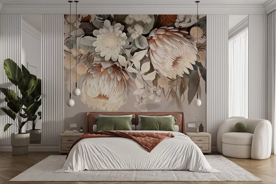 wall murals Велика текстурирана протеа са смеђим акцентима, белим тратинчицама и жутим цветовима, беж пригушена позадина w09157