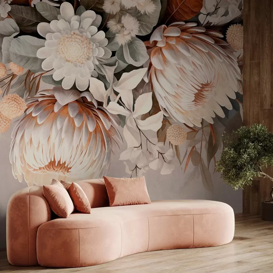 wall murals Велика текстурирана протеа са смеђим акцентима, белим тратинчицама и жутим цветовима, беж пригушена позадина w09157