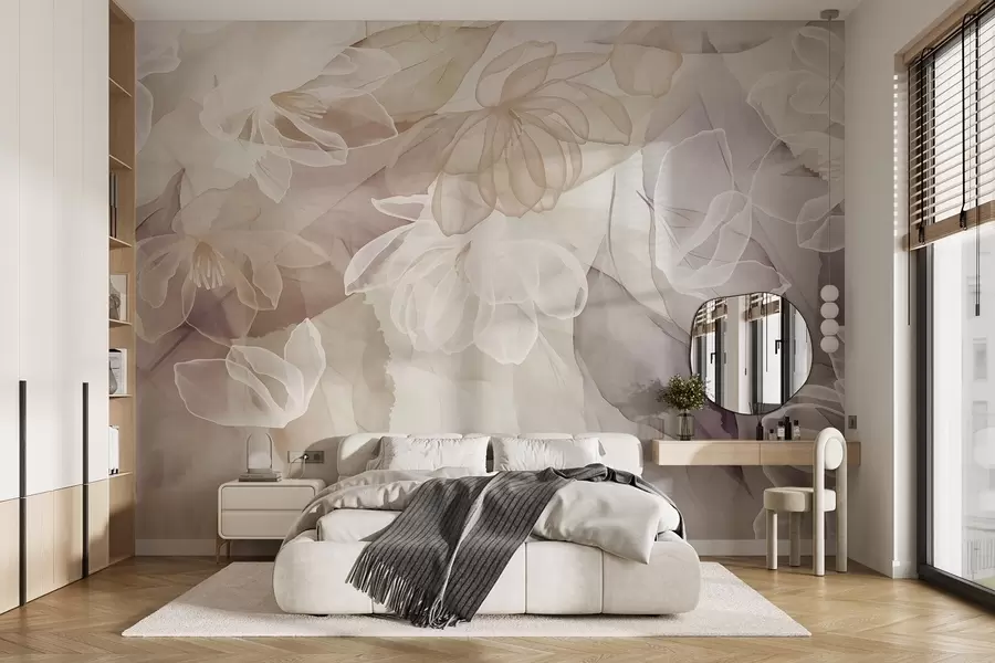 wall murals Цветови и листови са провидним латицама у нијансама беле, беж и љубичасте, меки и нежни w09158