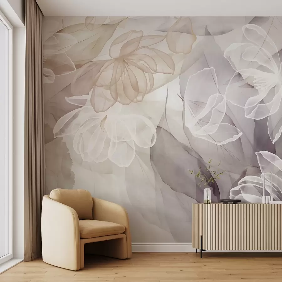 wall murals Цветови и листови са провидним латицама у нијансама беле, беж и љубичасте, меки и нежни w09158