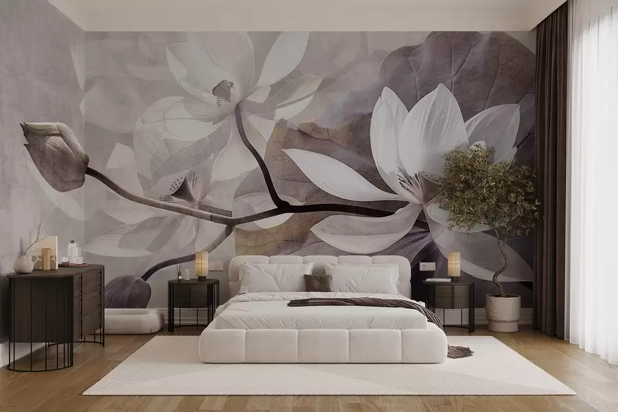 wall murals Зрнасто текстурирани пригушени нежни цветови лотоса са листовима и стабљикама у мекој, беж палети боја w09159