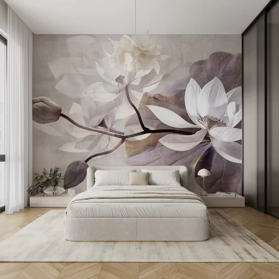 wall murals Зрнасто текстурирани пригушени нежни цветови лотоса са листовима и стабљикама у мекој, беж палети боја w09159