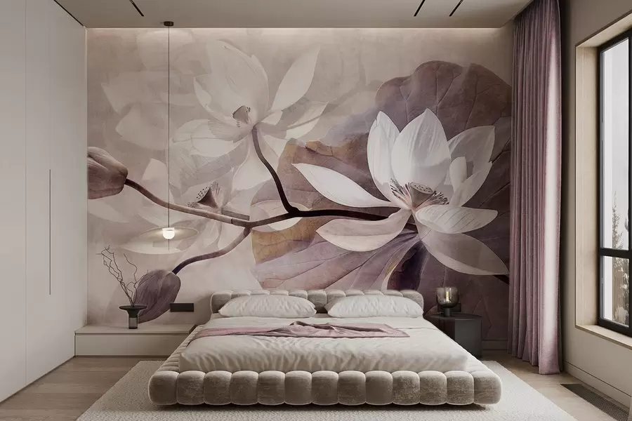 wall murals Зрнасто текстурирани пригушени нежни цветови лотоса са листовима и стабљикама у мекој, беж палети боја w09159