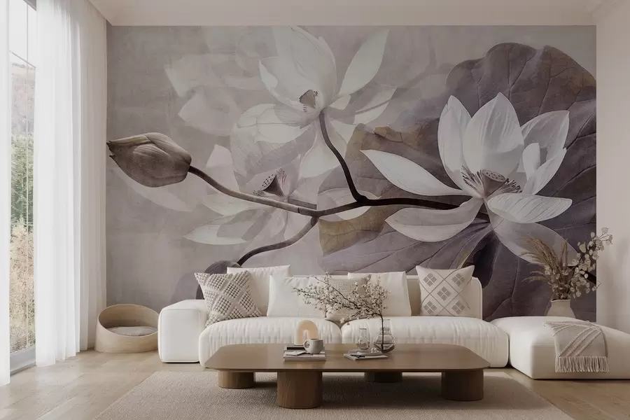 wall murals Зрнасто текстурирани пригушени нежни цветови лотоса са листовима и стабљикама у мекој, беж палети боја w09159