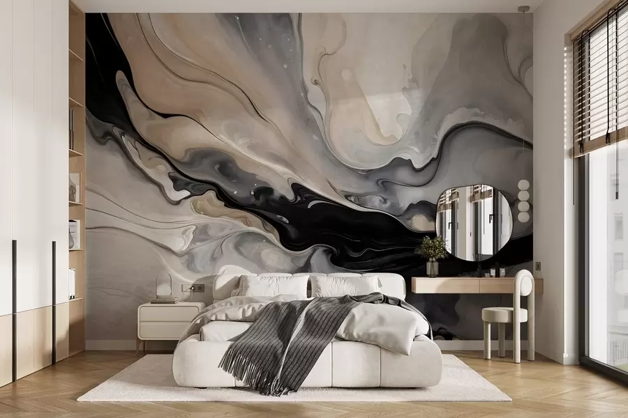 wall murals Апстрактна флуидна текстурирана слика у нијансама црне, беле, сиве и беж имитације мермера w09160