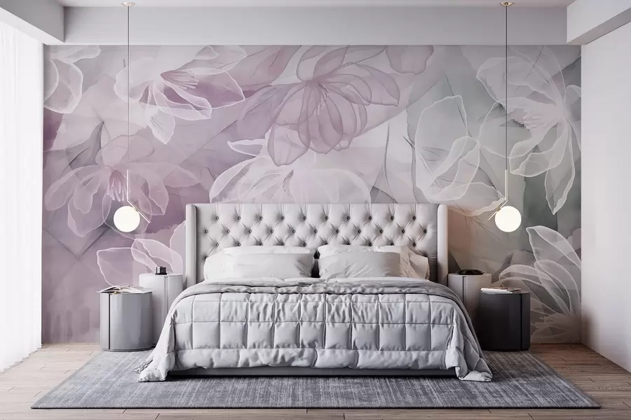 wall murals Цветови и листови са провидним латицама у нијансама беле, ружичасте и зелене, меки и нежни w09158v1