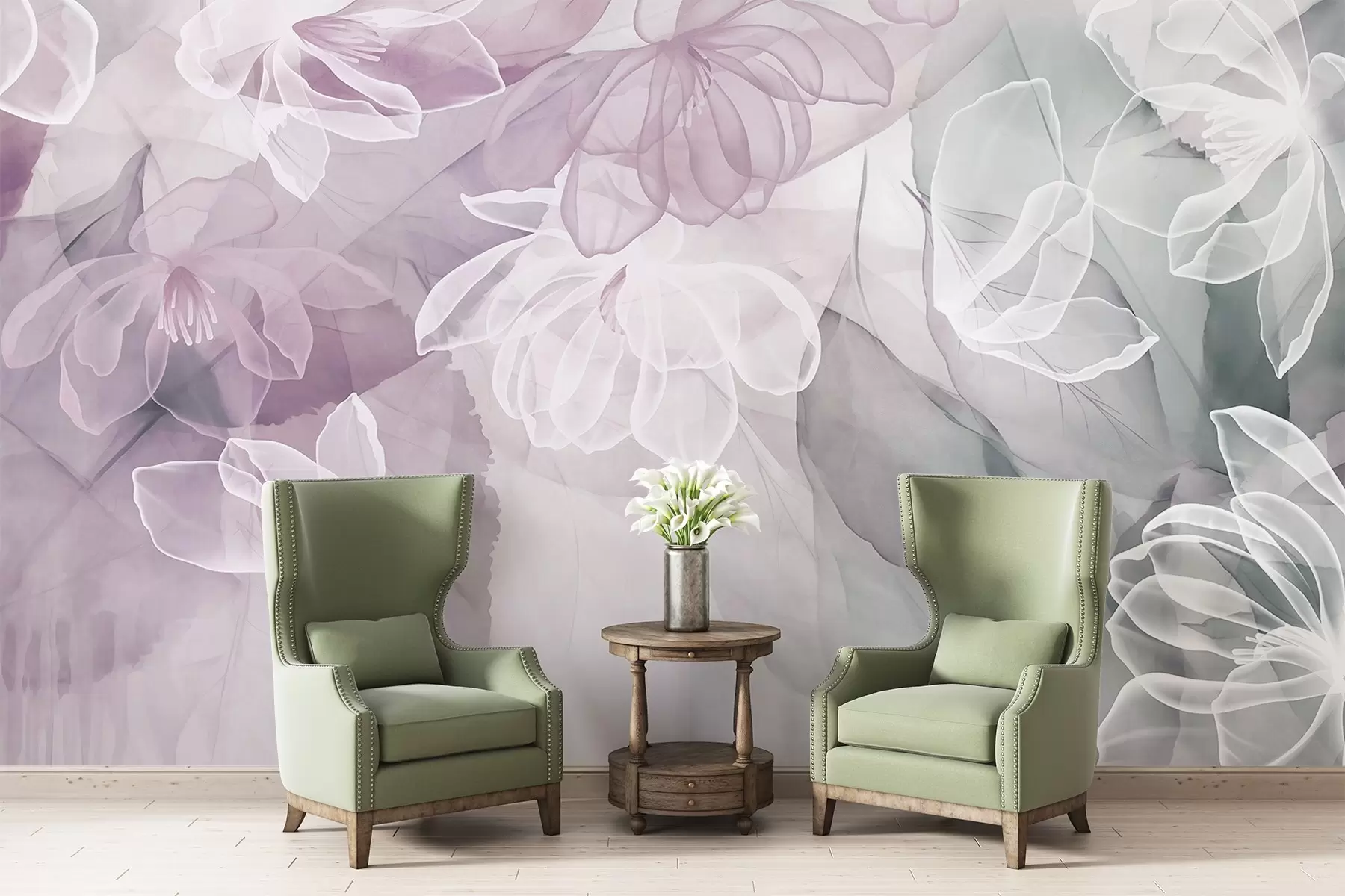 wall murals Цветови и листови са провидним латицама у нијансама беле, ружичасте и зелене, меки и нежни w09158v1