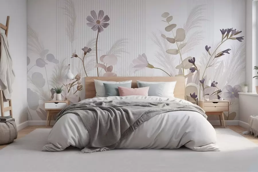 wall murals Цвеће у пастелним бојама, светло смеђе лишће, бела позадина са вертикалним линијама, елегантно и минималистичко w09161