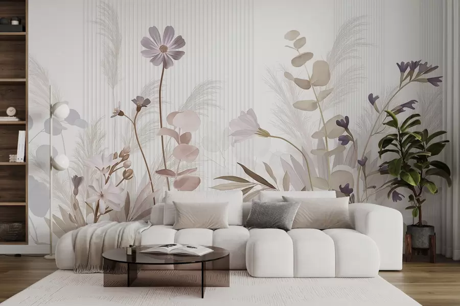 wall murals Цвеће у пастелним бојама, светло смеђе лишће, бела позадина са вертикалним линијама, елегантно и минималистичко w09161