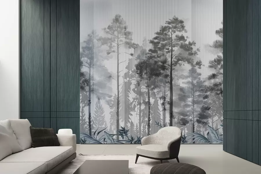 wall murals Густа шума са високим боровима, бујним сивим лишћем, магловитом атмосфером са текстурама вертикалних линија w09163v2