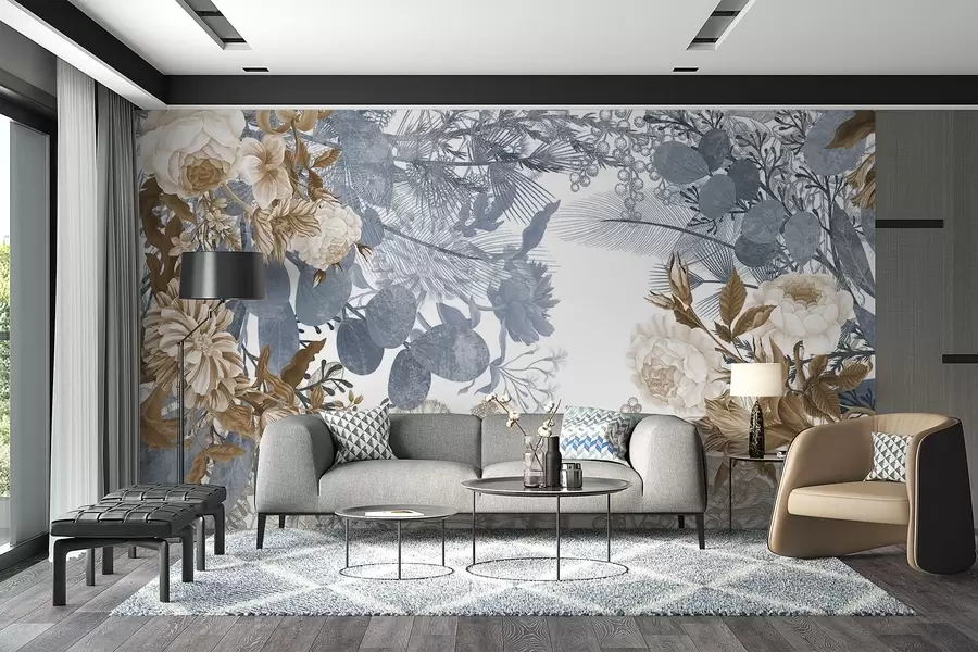 wall murals Винтаж цветни аранжман са ружама, еукалиптусом и мимозом у нијансама плаве и браон w09164