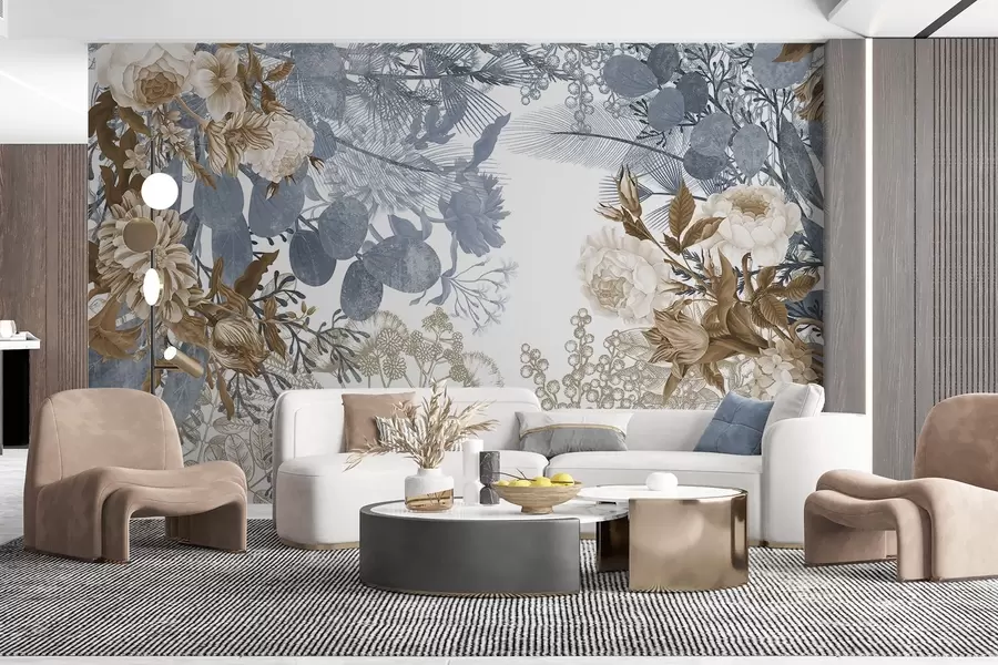 wall murals Винтаж цветни аранжман са ружама, еукалиптусом и мимозом у нијансама плаве и браон w09164