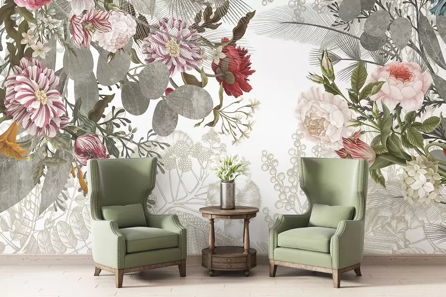 wall murals Винтаж цветни аранжман са ружама, еукалиптусом и мимозом у нијансама пригушене зелене, црвене и ружичасте w09164v1