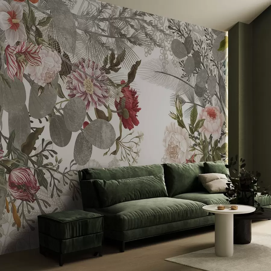 wall murals Винтаж цветни аранжман са ружама, еукалиптусом и мимозом у нијансама пригушене зелене, црвене и ружичасте w09164v1