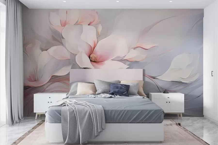 wall murals Нежни цветови магнолије са ружичастим латицама и белим листовима, глатке текстуре, течних линија w09165