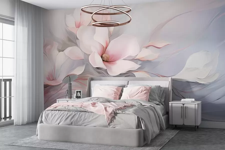 wall murals Нежни цветови магнолије са ружичастим латицама и белим листовима, глатке текстуре, течних линија w09165