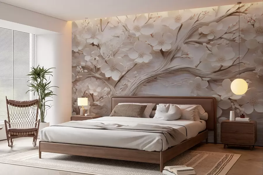 wall murals Текстурирано дрво са белим цвећем и смеђим стаблом, позадина је бела са хоризонталним линијама, меко осветљење w09166