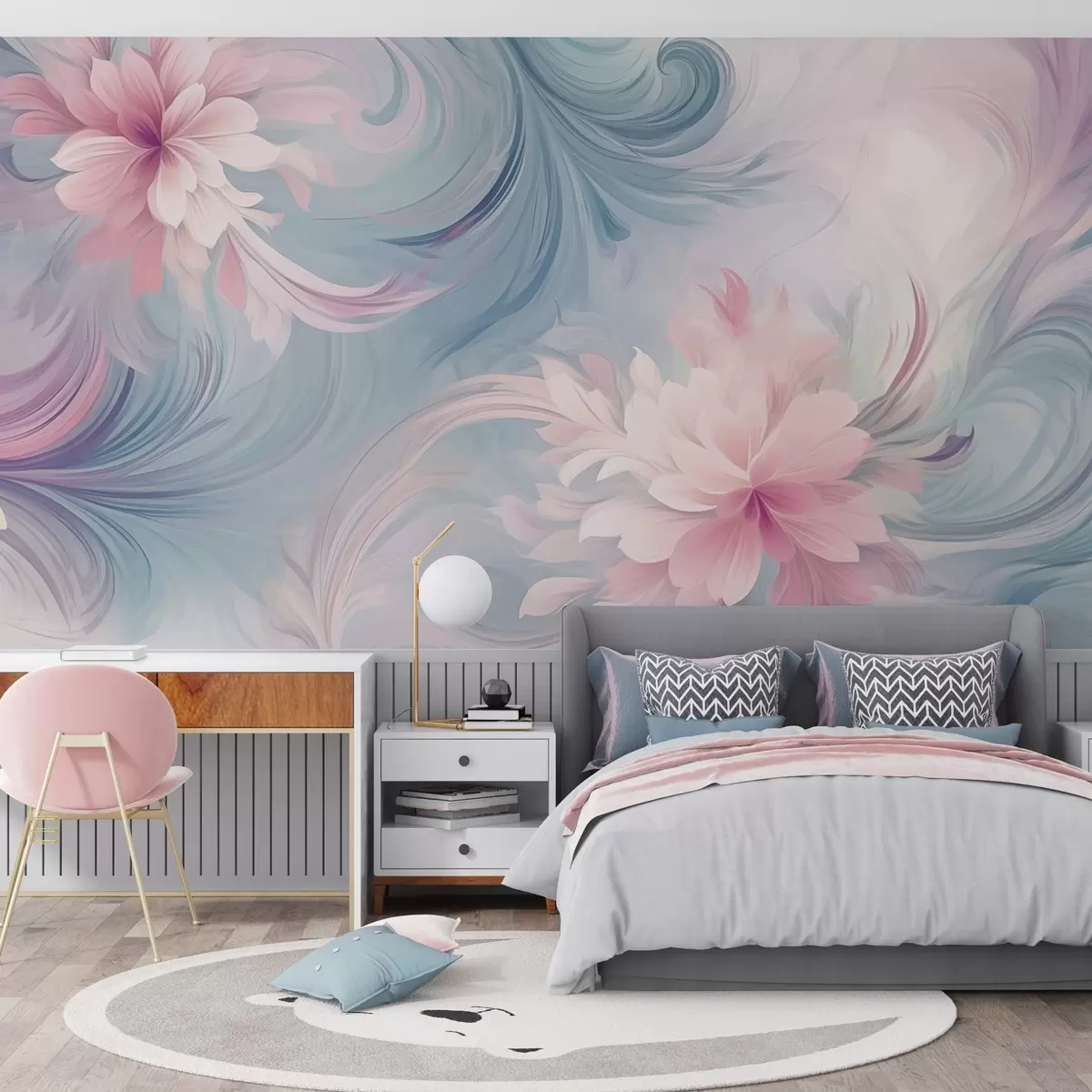 wall murals Цветови и листови у ружичастој и плавој боји w04048