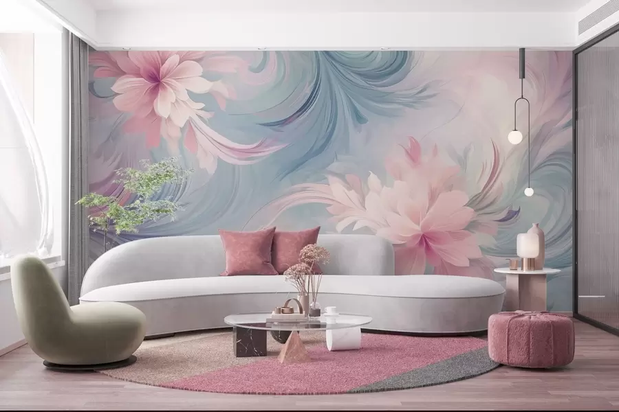 wall murals Цветови и листови у ружичастој и плавој боји w04048