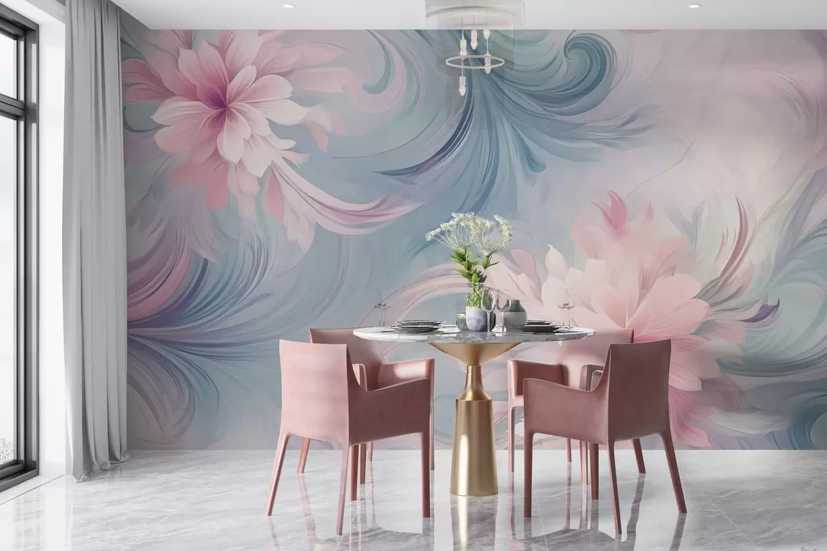 wall murals Цветови и листови у ружичастој и плавој боји w04048