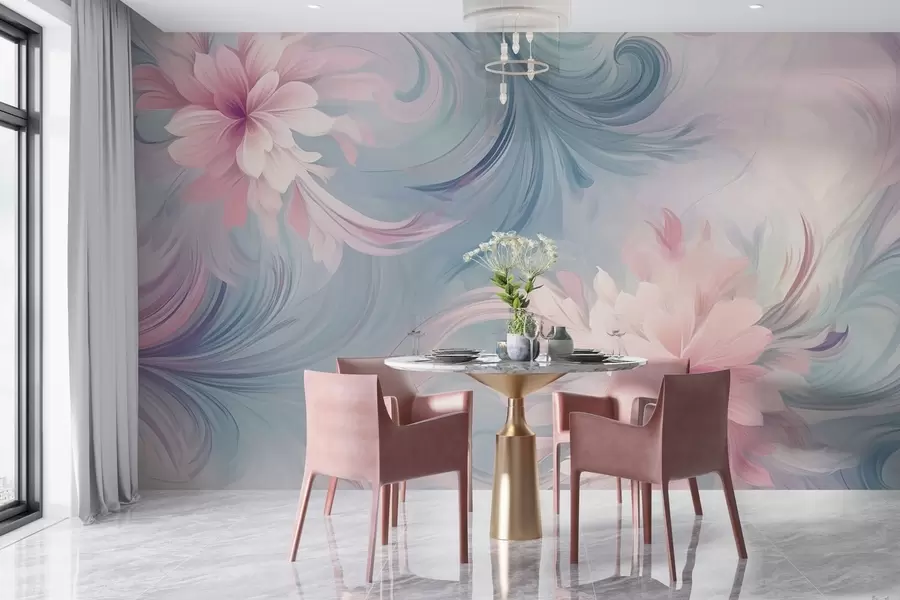 wall murals Цветови и листови у ружичастој и плавој боји w04048