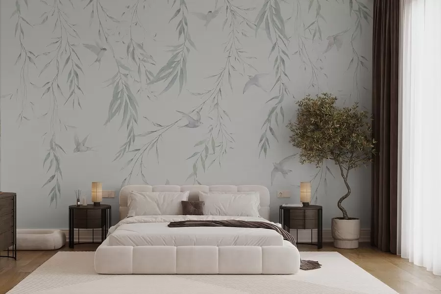 wall murals Гранчице са зеленим листовима које висе и птице w04052