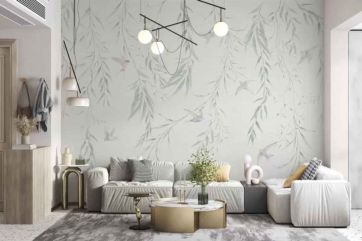 wall murals Гранчице са зеленим листовима које висе и птице w04052