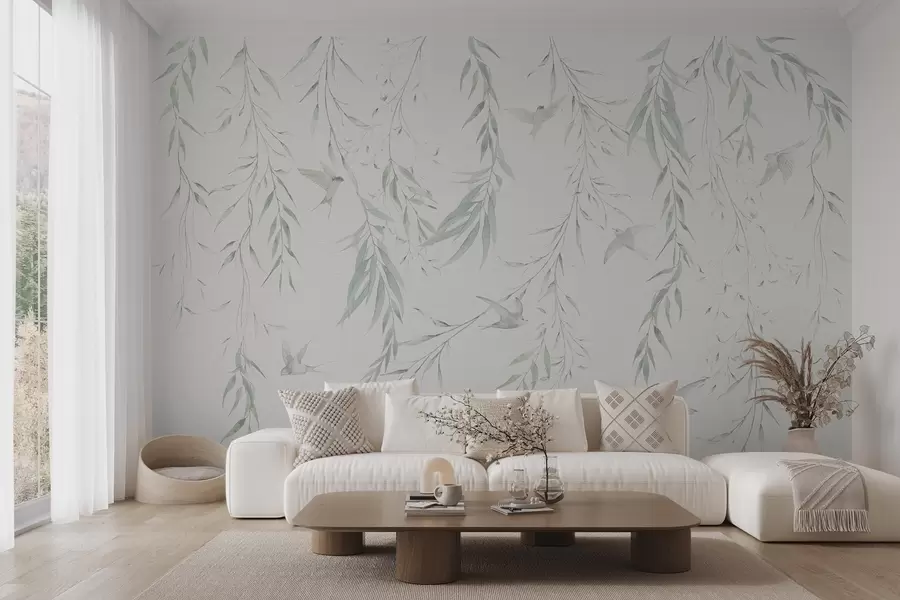 wall murals Гранчице са зеленим листовима које висе и птице w04052