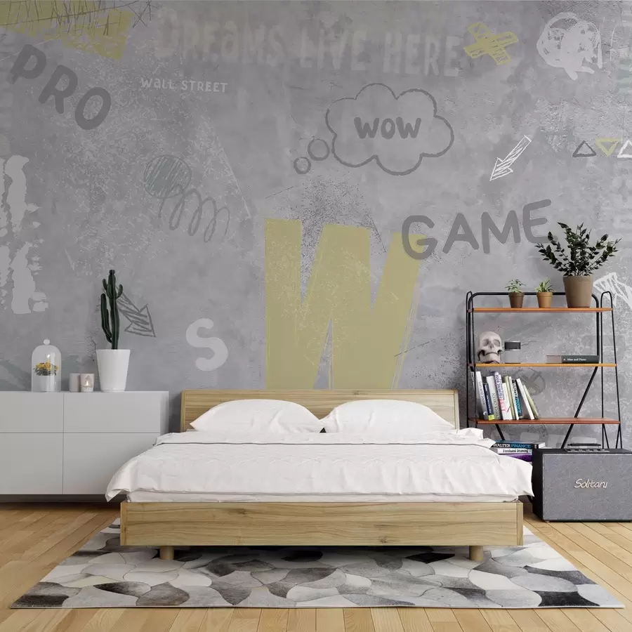 wall murals Дизајн у стилу уличне уметности са жутим натписима на позадини бетонског зида w04056