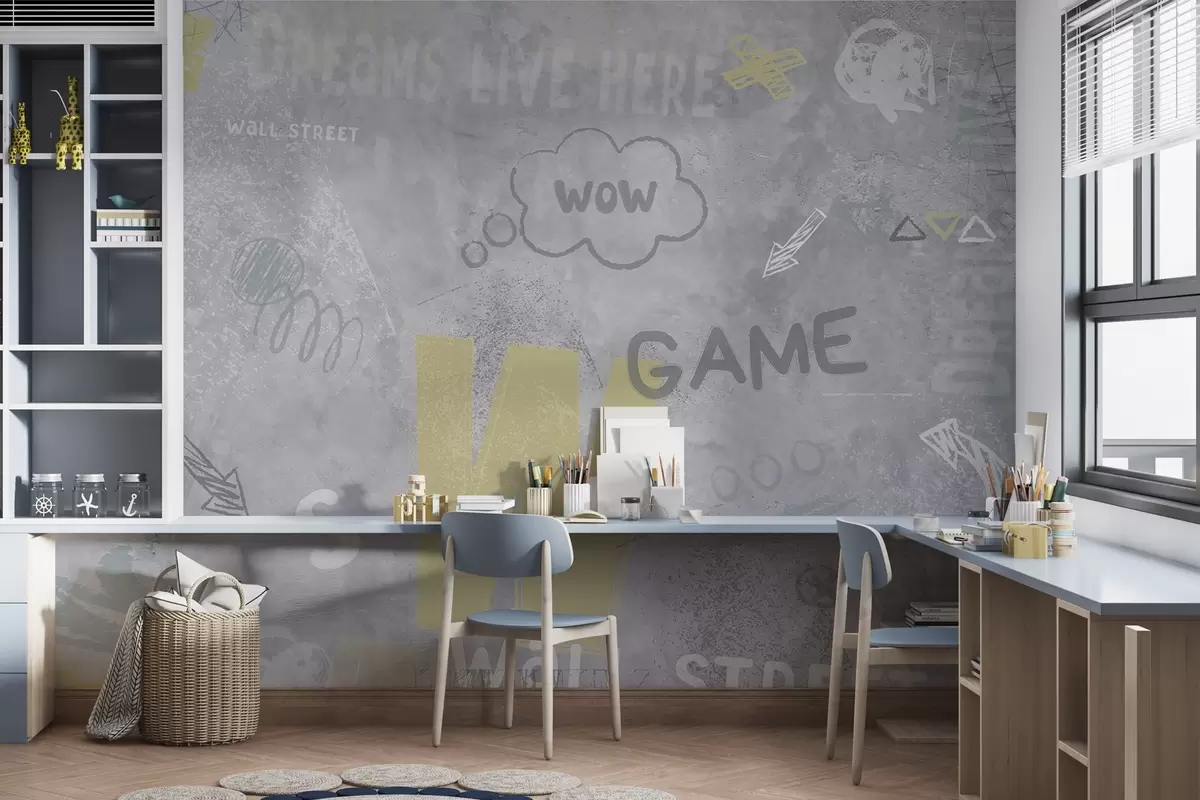 wall murals Дизајн у стилу уличне уметности са жутим натписима на позадини бетонског зида w04056