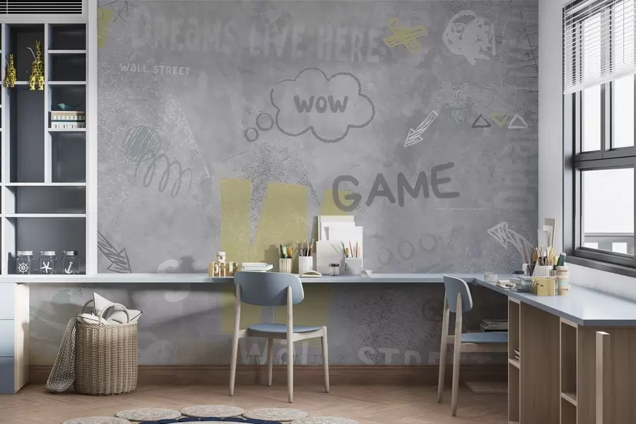 wall murals Дизајн у стилу уличне уметности са жутим натписима на позадини бетонског зида w04056