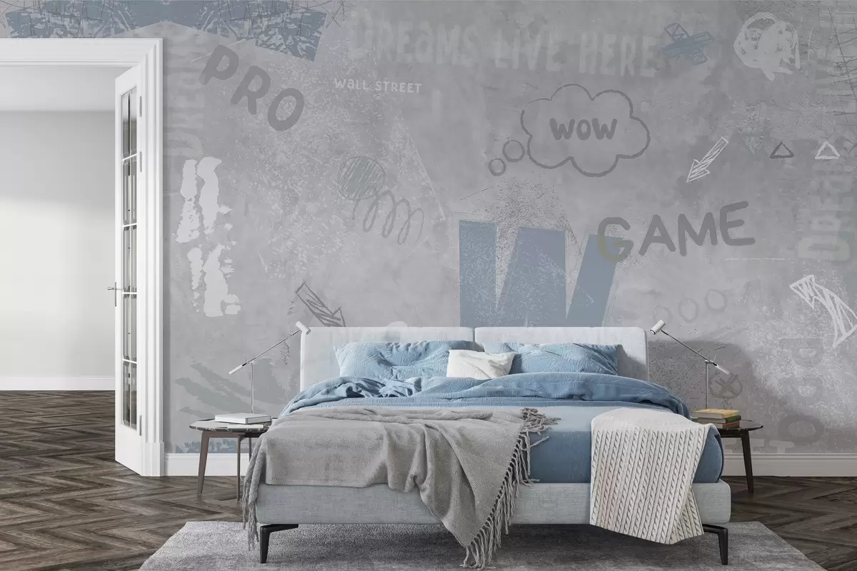 wall murals Дизајн у стилу уличне уметности са плавим натписима на позадини бетонског зида w04056v1