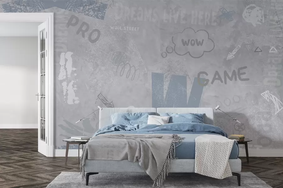 wall murals Дизајн у стилу уличне уметности са плавим натписима на позадини бетонског зида w04056v1