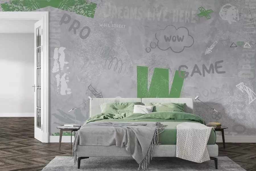 wall murals Дизајн уличне уметности са зеленим словима на позадини бетонског зида w04056v2