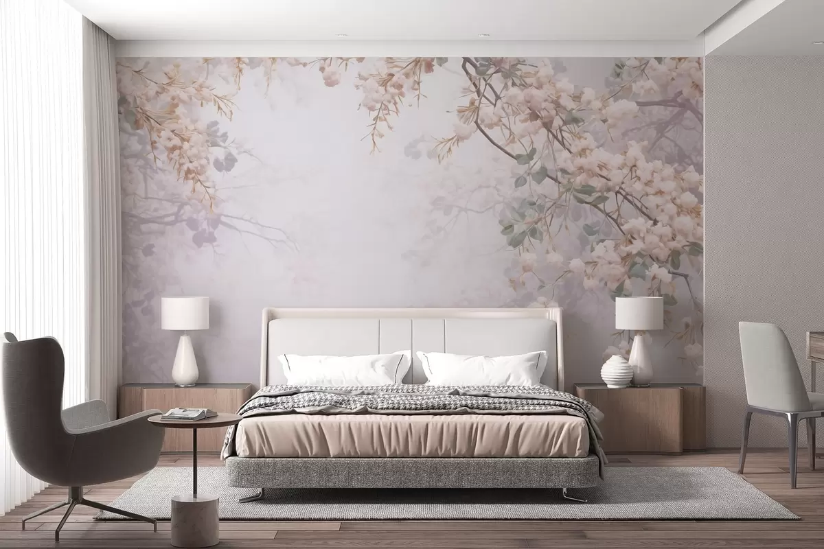 wall murals Гране цветајућег дрвета у магли w04062