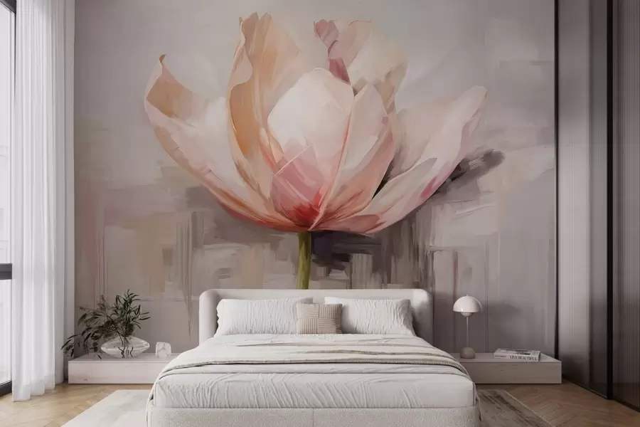 wall murals Ружичасти тулипан, имитација уљане слике са меким потезима четкице, апстрактна позадина са пастелним нијансама сиве и беж w09187