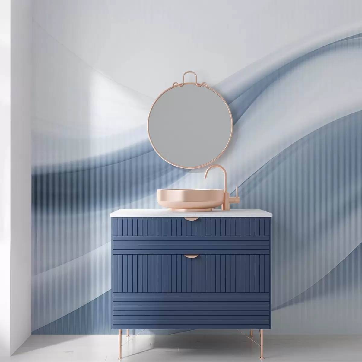 wall murals Апстрактни отисак са течним линијама и суптилним вертикалним пругама, стварајући осећај покрета и дубине, плава палета w09189v1