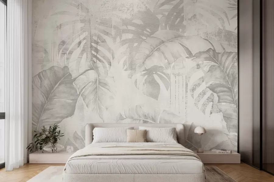 wall murals Тропско лишће у гранџ стилу, монохроматске нијансе w03956v1