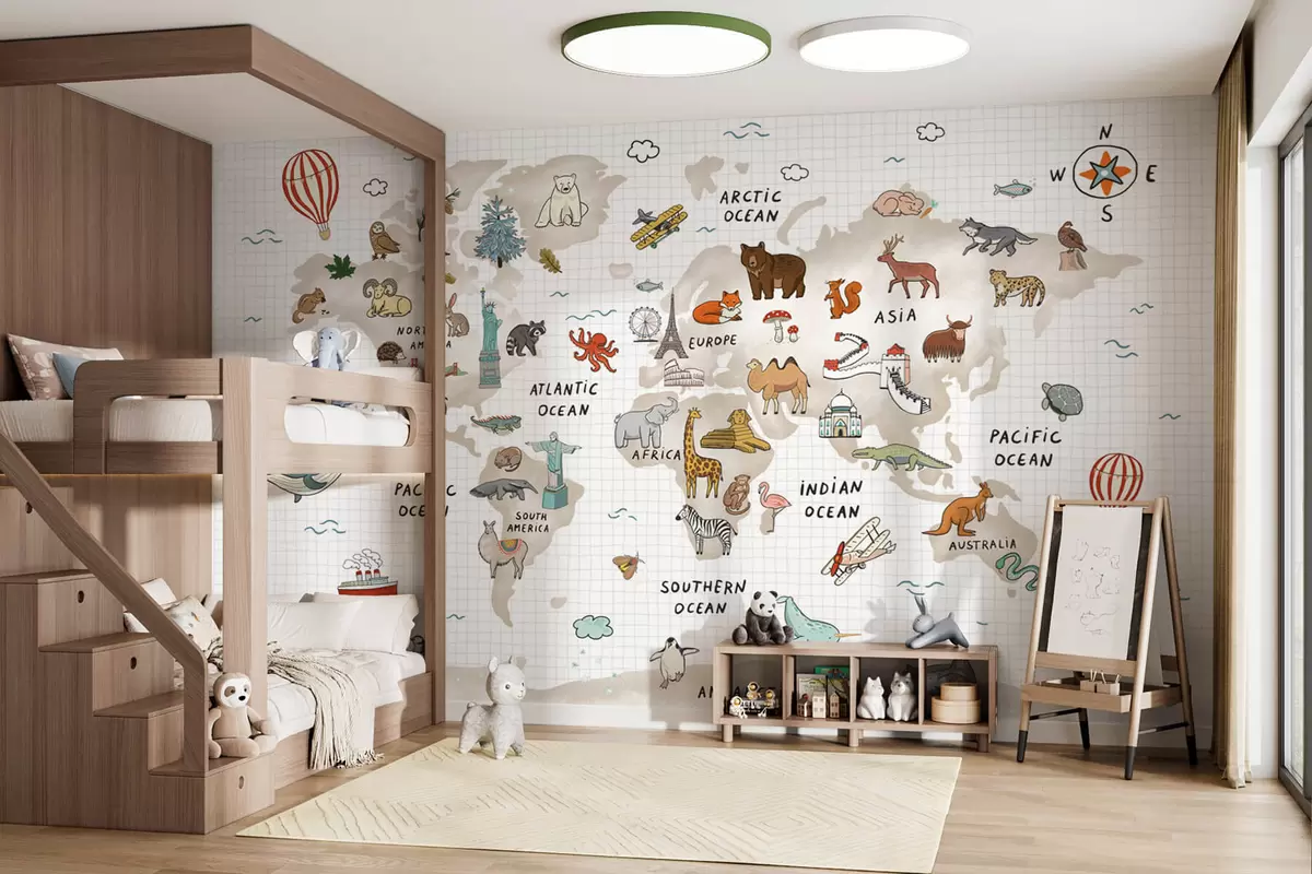 wall murals Мапа света са животињама и знаменитостима w04011