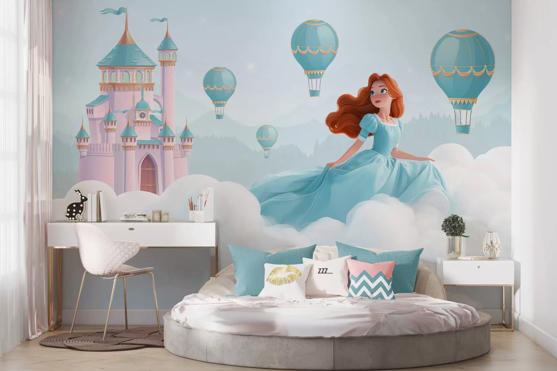 wall murals Принцеза међу облацима на позадини пејзажа са замком w04015