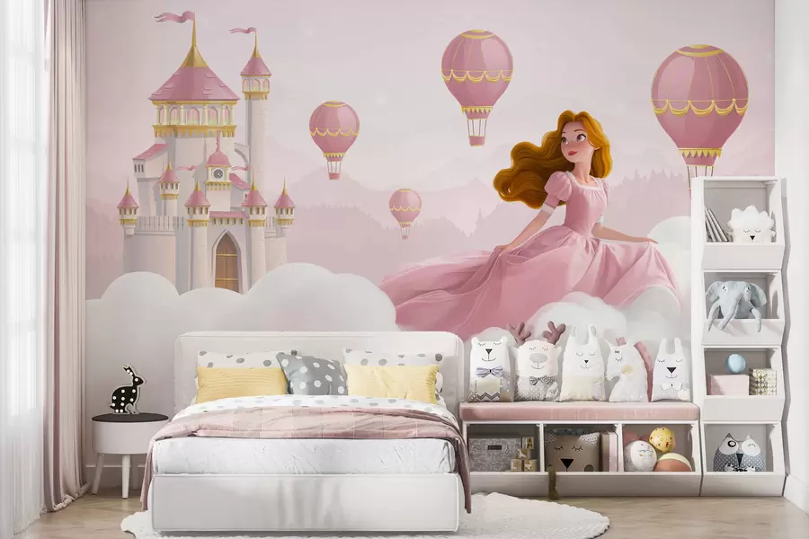 wall murals Принцеза међу облацима на позадини пејзажа са замком w04015v1